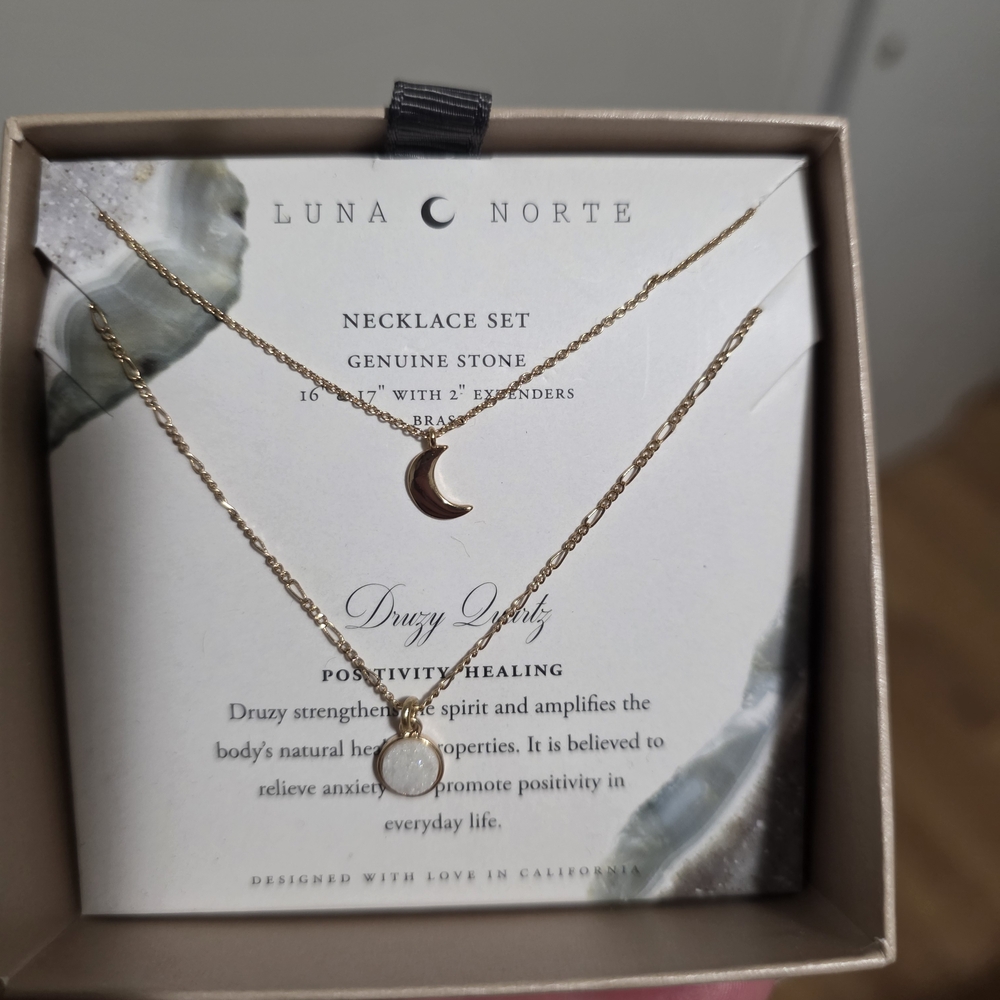 Luna Norte Gold Necklace Set with Moon and Druzy Pendant